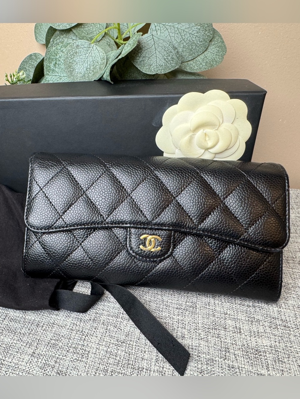 NCHANEL Black Quilted Caviar Leather Caviar Long Flap Wallet Black with Gold CC